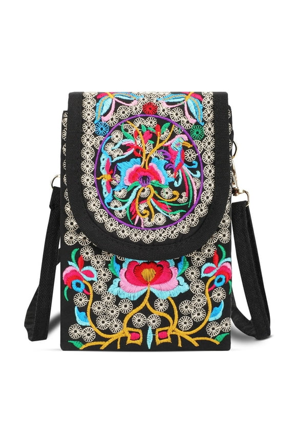 Women's Crossbody Cell Phone Bag, TSV Handmade Embroidered Vintage Small Purse, Coin Pouch Wallet with Adjustable Strap