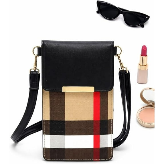 Women’s Crossbody Phone Purse Plaid Small Bag Vegan Leather Touchscreen Wallet Black
