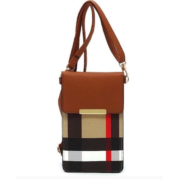 Women’s Crossbody Phone Purse Plaid Small Bag Vegan Leather Touchscreen Wallet Brown