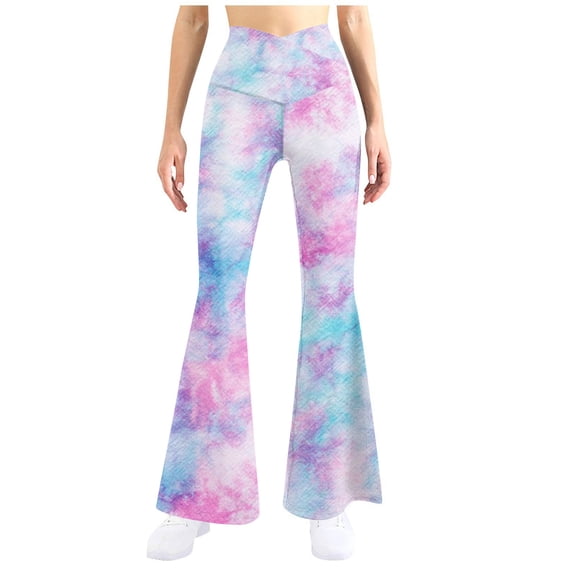 Women's Crossover Flared Yoga Pants Tie Dye High Waisted Casual Workout Pants Stretch Comfy Gym Sports Leggings
