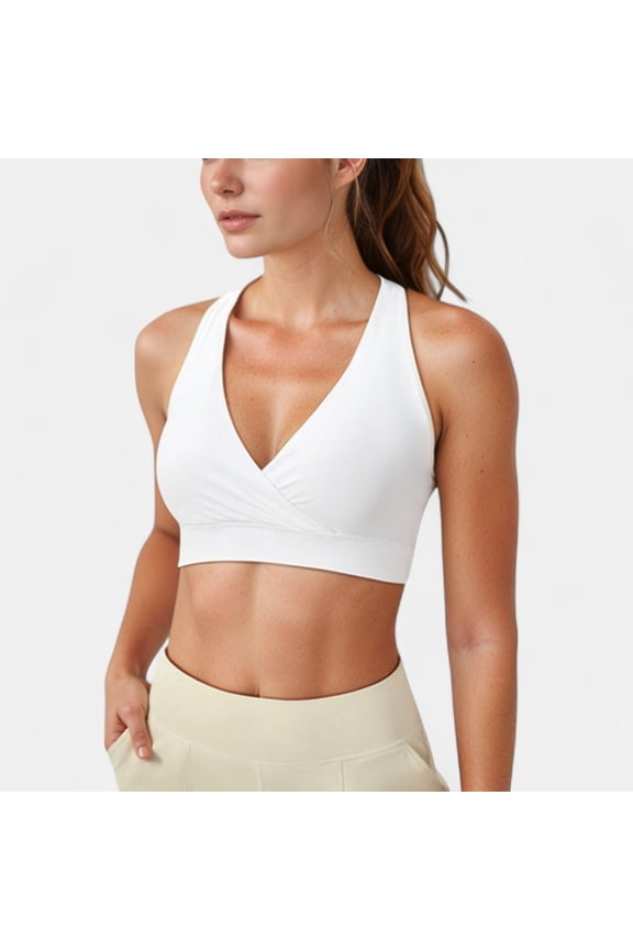 Women's Crossover V-Neck Sports Bra with Wide Straps and Stretch Support Band - Large, White