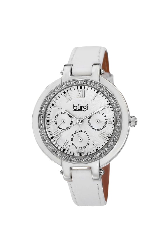 Women's Crystal-Accented Quartz Multifunction Leather Silver-Tone Strap Watch