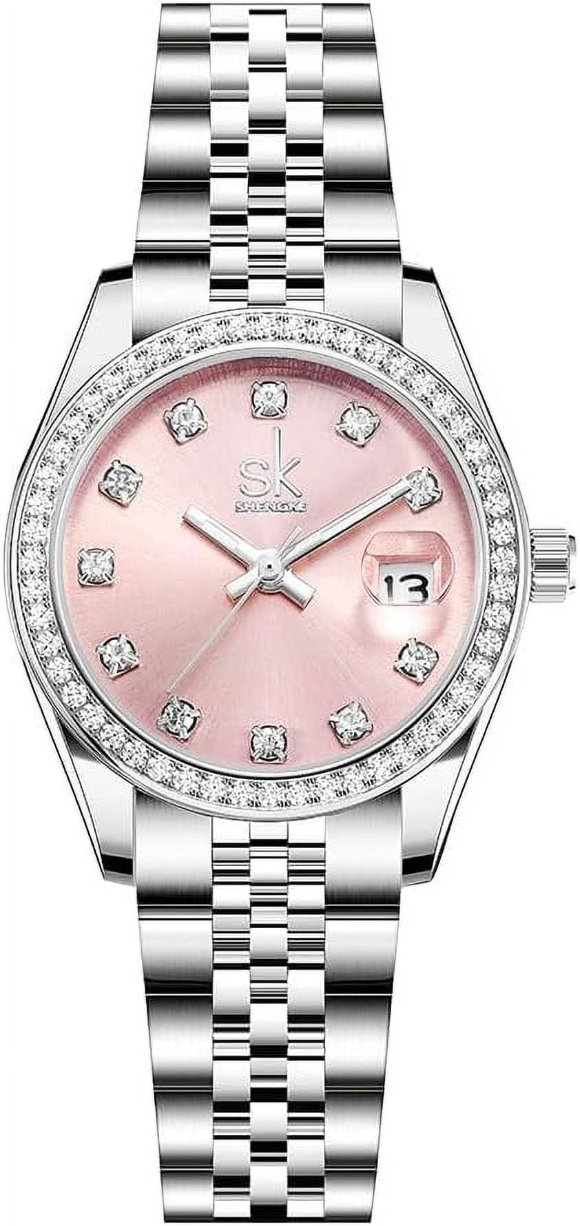 Women's Crystal Accented with Solid Alloy Steel Band Watch Elegant Dress Quartz Calendar Watches for Women