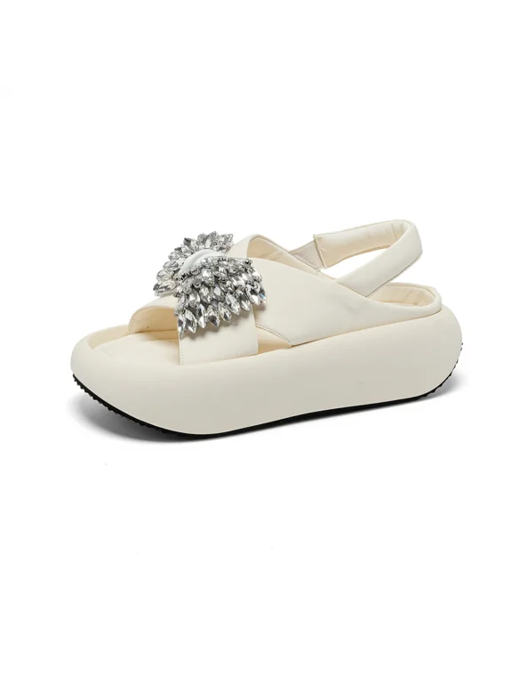 Women's Crystal Bow PU Thick Sole Sandals, Slingback Open-Toe Casual Summer Beach Shoes