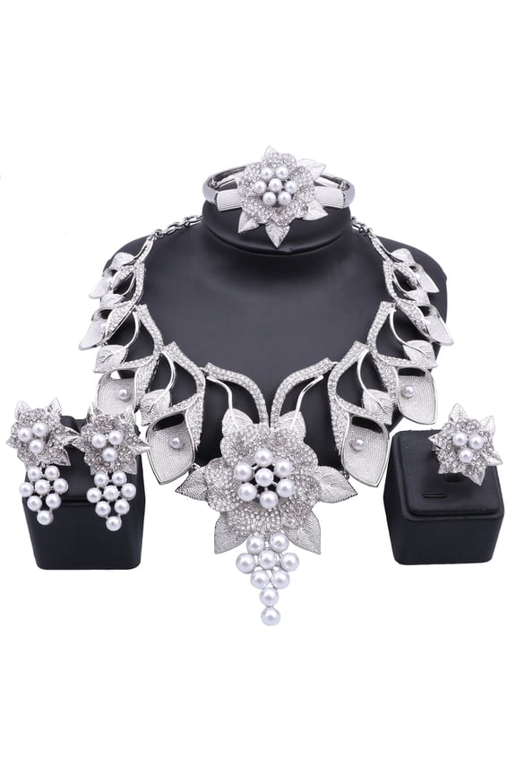 Women's Crystal Dubai Gold Color Imitation Pearl Necklace Earrings Bangle Ring Party Wedding Accessories Jewelry Set