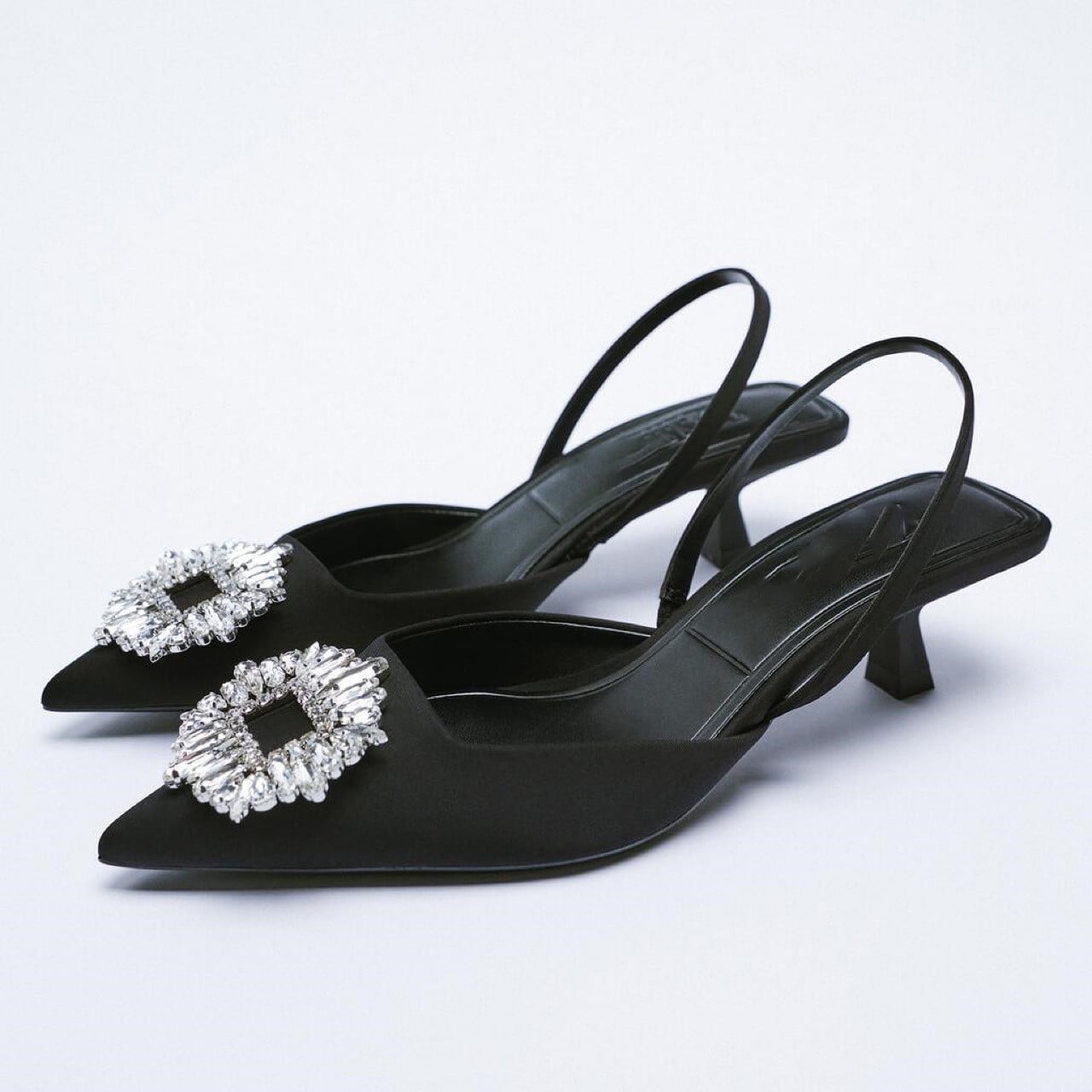 靴 Pointed Sling Back Mules Women's Crystal Flower Sling Back Pointed Toe Heel Mules