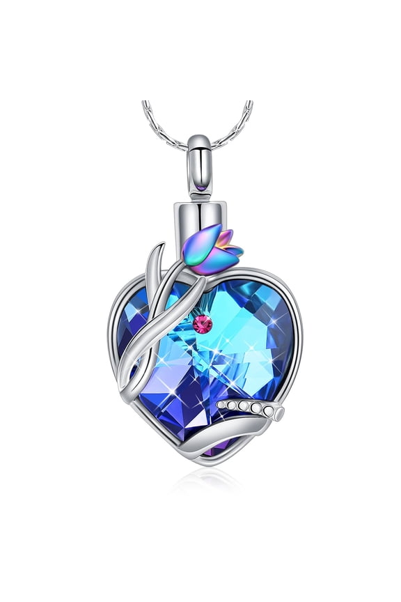 Women's Crystal Heart with Rose Necklace Urns for Cremation Ashes Holder Memorial Jewelry