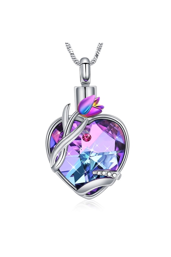 Women's Crystal Heart with Rose Necklace Urns for Cremation Ashes Holder Memorial Jewelry