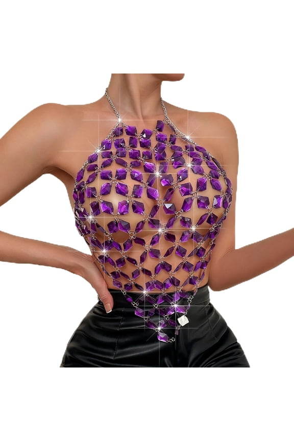 Women’s Crystal Rhinestone Chainmail Halter Crop Top Mesh Geometric Cutout Design Sleeveless Statement Festival Clubwear