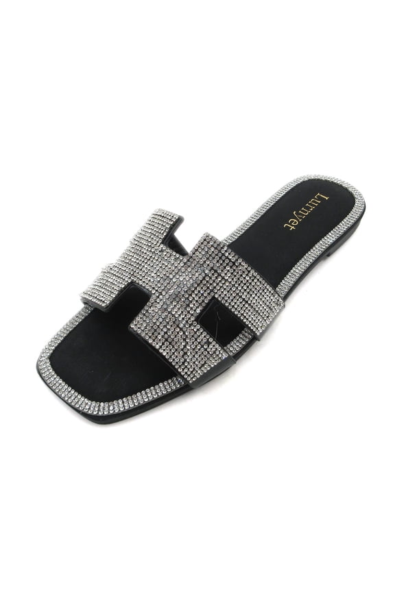 Women's Crystal Rhinestone Embellished Comfort Cushion Slide Casual Sandal Flat Heel