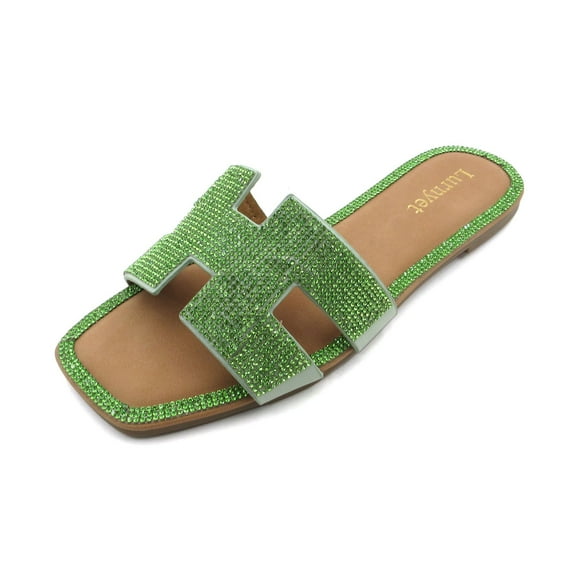 Women's Crystal Rhinestone Embellished Comfort Cushion Slide Casual Sandal Flat Heel