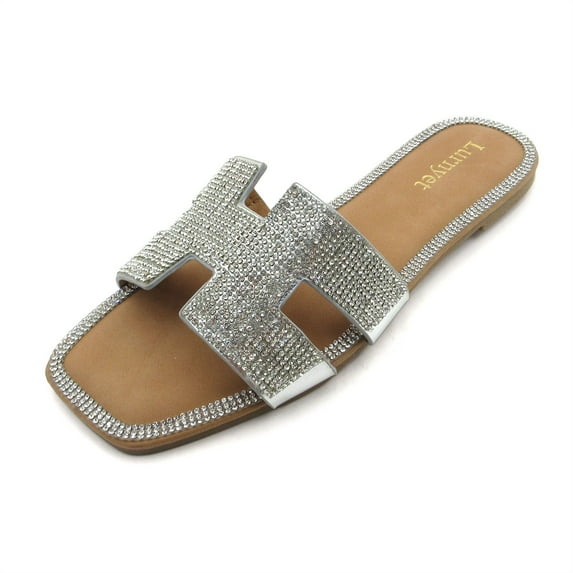 Women's Crystal Rhinestone Embellished Comfort Cushion Slide Casual Sandal Flat Heel
