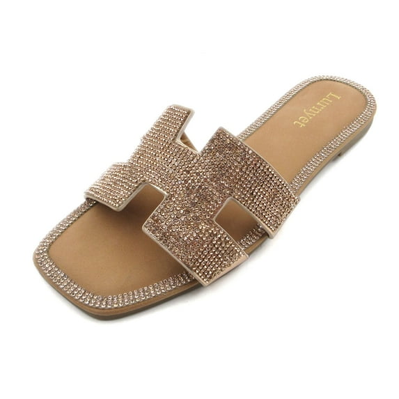 Women's Crystal Rhinestone Embellished Comfort Cushion Slide Casual Sandal Flat Heel