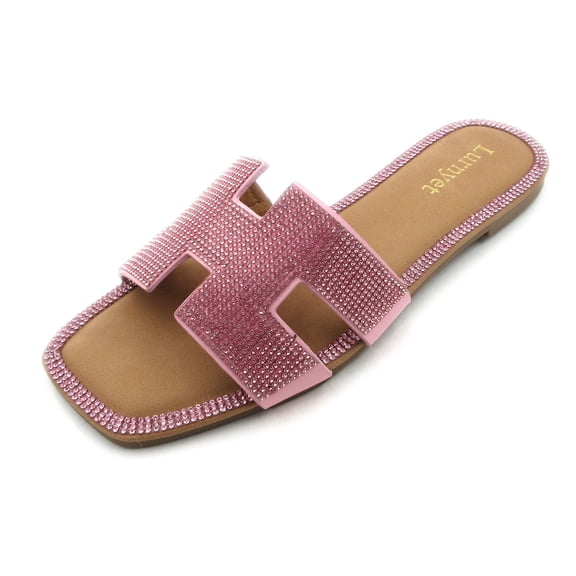 Women's Crystal Rhinestone Embellished Comfort Cushion Slide Casual Sandal Flat Heel