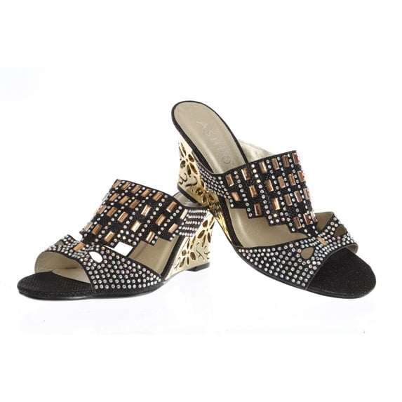 Women's Crystal Rhinestone Peacock Patterned Platform Wedge Party Dress Sandals Slipper-Black-9