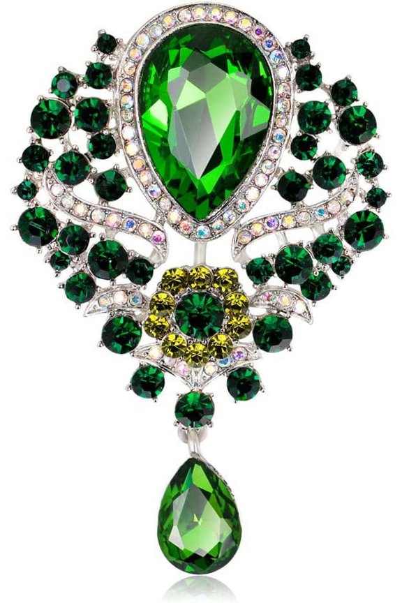 Women's Crystal Silver-Tone Bouquet Flower Teardrop Large Gorgeous Bouquet Brooch Pin (green)