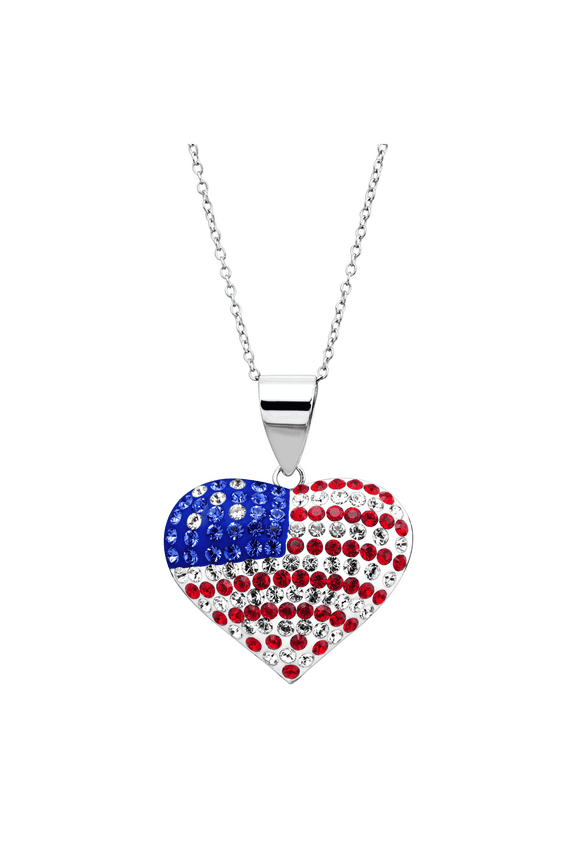 Women's Crystaluxe American Flag Puffed Heart Pendant Necklace with Crystals in Rhodium-Plated Sterling Silver, 18"