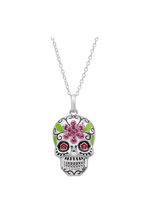 Women's Crystaluxe Flower Sugar Skull Pendant Necklace with Crystals in Sterling Silver, 16" + 2"