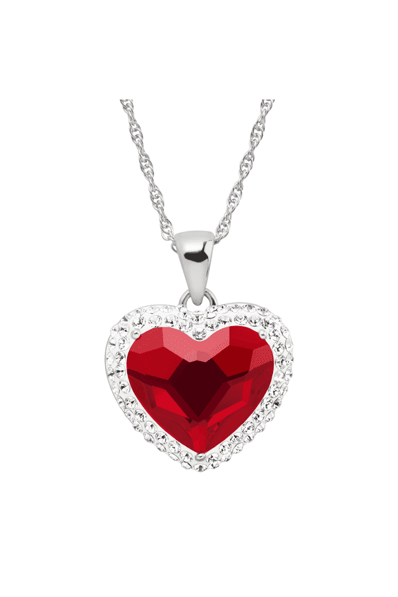 Women's Crystaluxe Red Heart Halo Pendant Necklace with Crystals in Sterling Silver, 18"