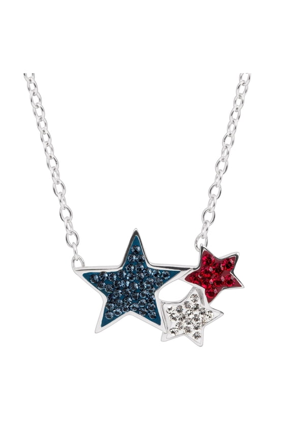 Women's Crystaluxe Red, White, & Blue Triple-Star Necklace with Crystals in Sterling Silver, 17"