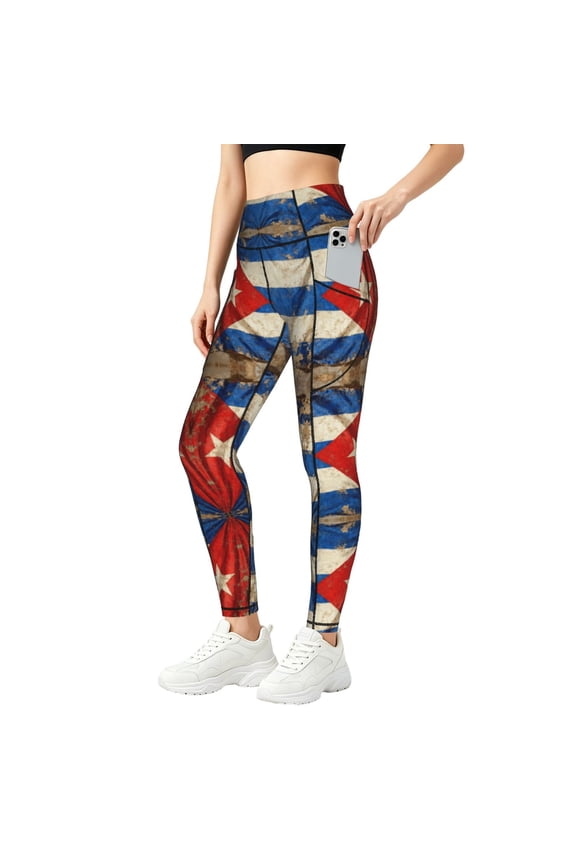 Women's Cuban Flag Retro High Waisted Yoga Leggings with Pockets, Tummy Control Non See Yoga Pants Large