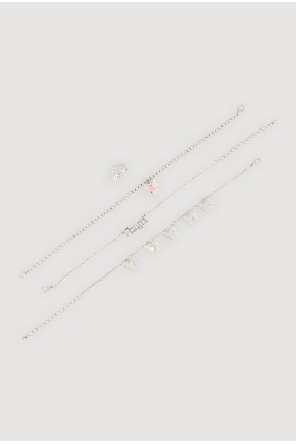 Women's Cubic Zirconia Butterfly Charm Anklets with Leaf Toe Ring