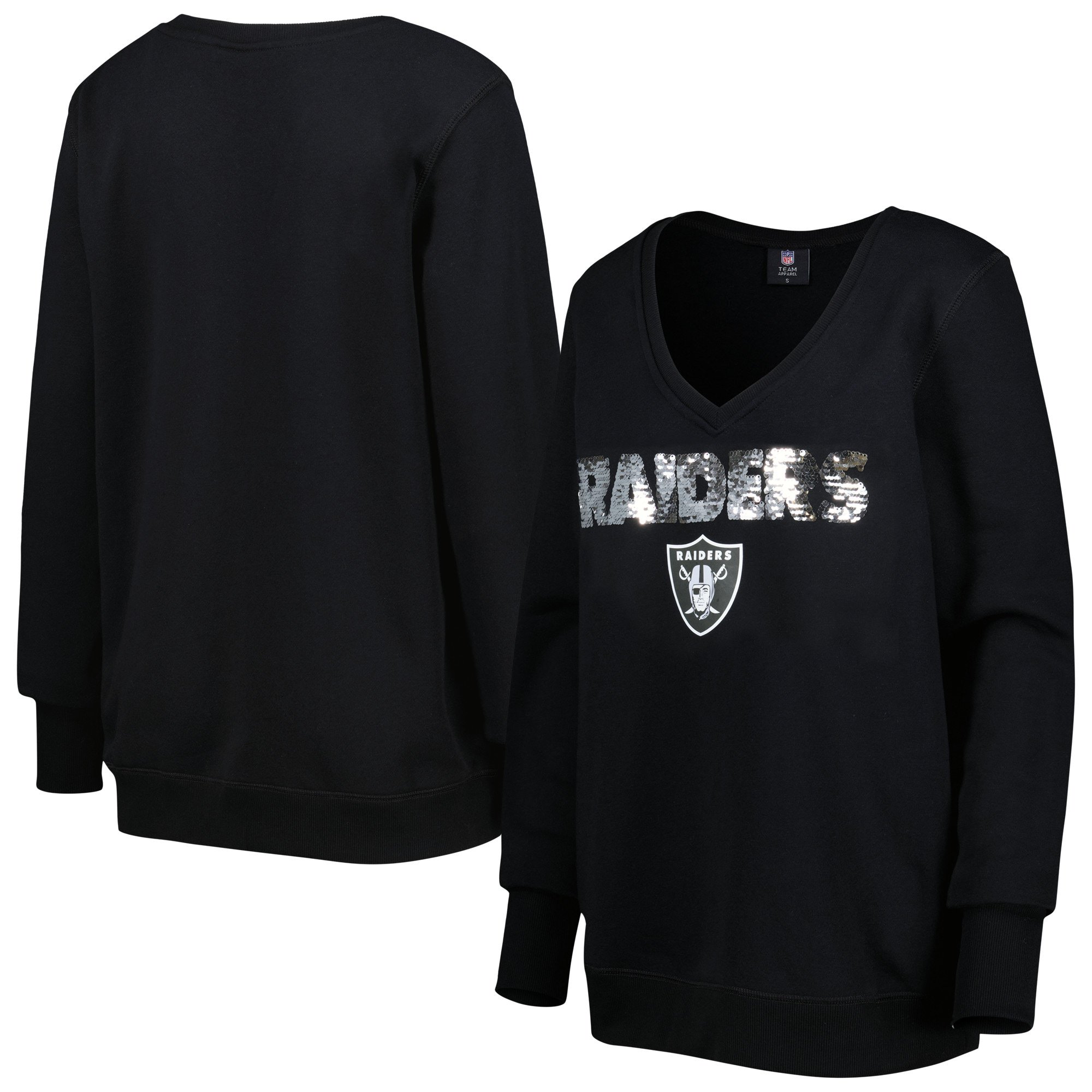 Women's Cuce Black Las Vegas Raiders Sequin Logo V-Neck Pullover