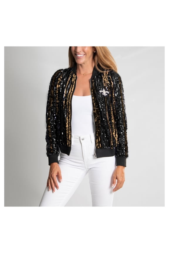 Women's Cuce  Black New Orleans Saints Slim Fit Sequin Striped Full-Zip Bomber Jacket