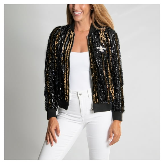 Women's Cuce Black New Orleans Saints Slim Fit Sequin Striped Full-Zip Bomber Jacket