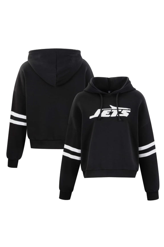 Women's Cuce Black New York Jets Cropped Sequins Pullover Hoodie