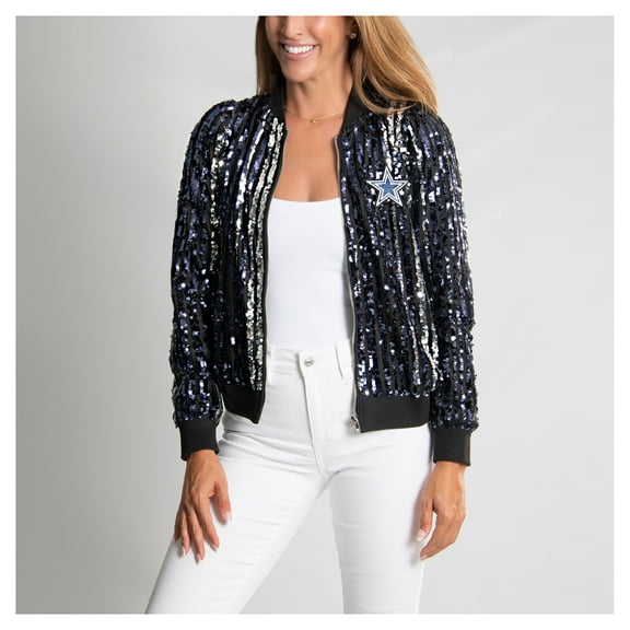 Women's Cuce Navy Dallas Cowboys Slim Fit Sequin Striped Full-Zip Bomber Jacket