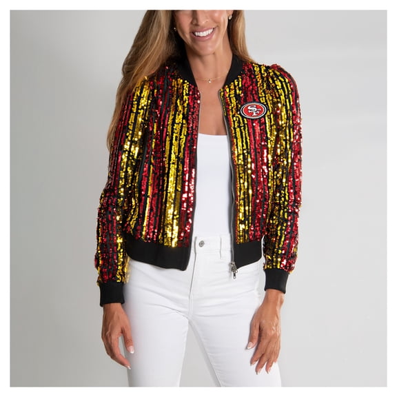 Women's Cuce  Scarlet San Francisco 49ers Slim Fit Sequin Striped Full-Zip Bomber Jacket