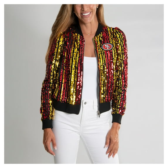 Women's Cuce Scarlet San Francisco 49ers Slim Fit Sequin Striped Full-Zip Bomber Jacket