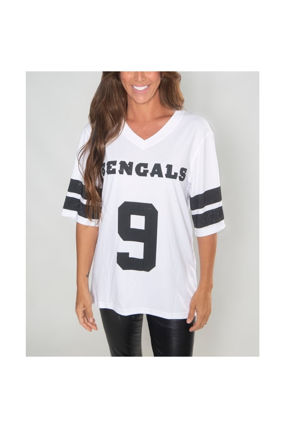 Women's Cuce Joe Burrow White Cincinnati Bengals Crystal V-Neck Tunic