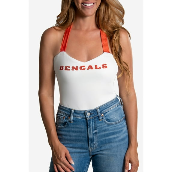Women's Cuce White Cincinnati Bengals Rhinestone Semi-Cropped Halter Tank