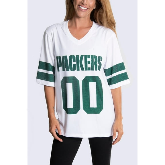 Women's Cuce White Green Bay Packers Rhinestone V-Neck Tunic