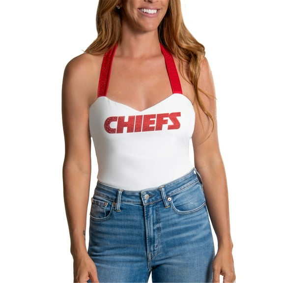 Women's Cuce White Kansas City Chiefs Rhinestone Semi-Cropped Halter Tank