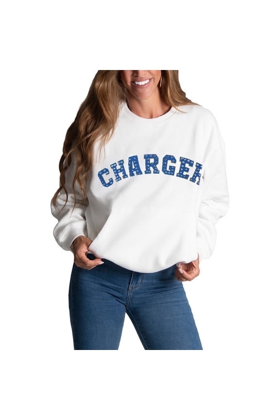 Women's Cuce White Los Angeles Chargers Chenille Jeweled Sweatshirt