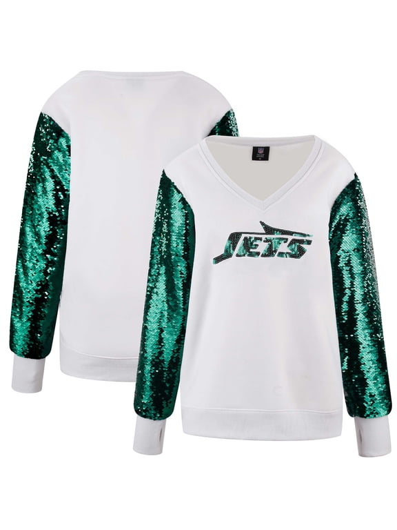 Women's FABGATING by Cuce White New York Jets Sequin Sleeve V-Neck Sweatshirt
