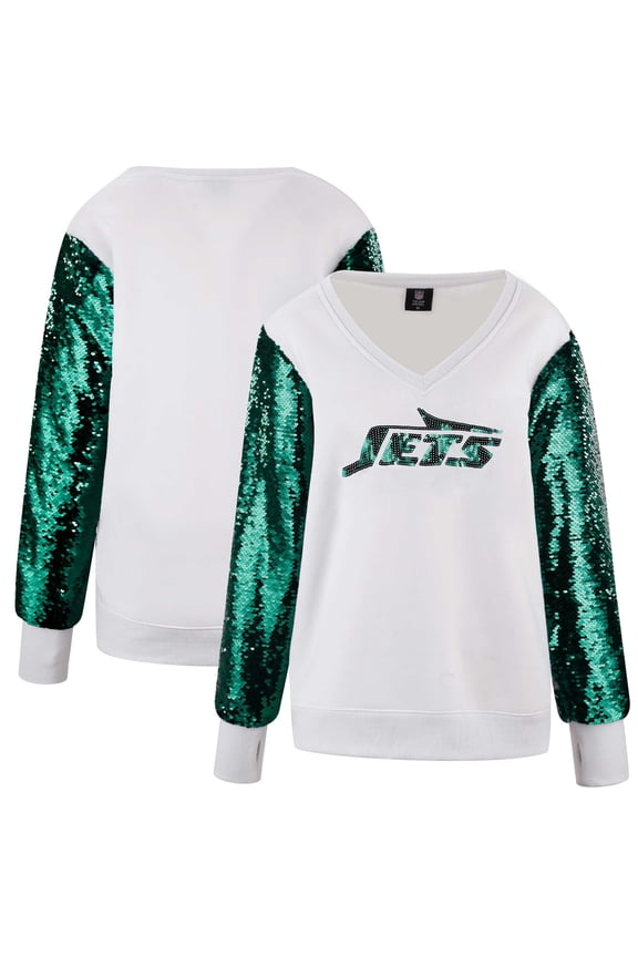 Women's Cuce White New York Jets Sequin Sleeve V-Neck Pullover Sweatshirt