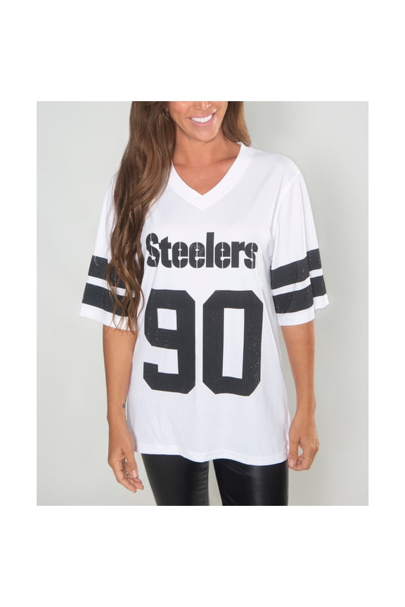 Women's Cuce T.J. Watt White Pittsburgh Steelers Crystal V-Neck Tunic