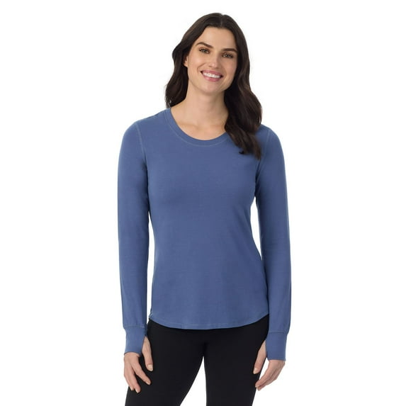 Women's Cuddl Duds® Cottonwear Long Sleeve Scoop Neck Top Color: Smoke Blue Size: XS