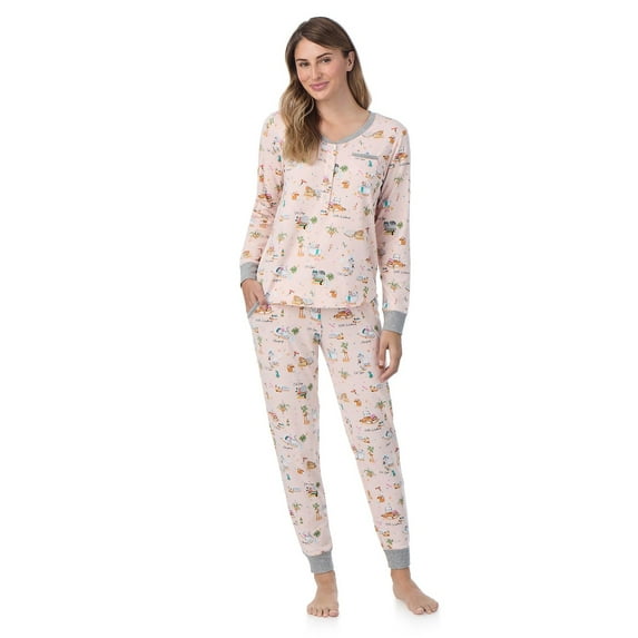 Women's Cuddl Duds® Cozy Long Sleeve Henley Pajama Top and Pajama Pants Set Color: Blush Spa Cats Size: M LONG
