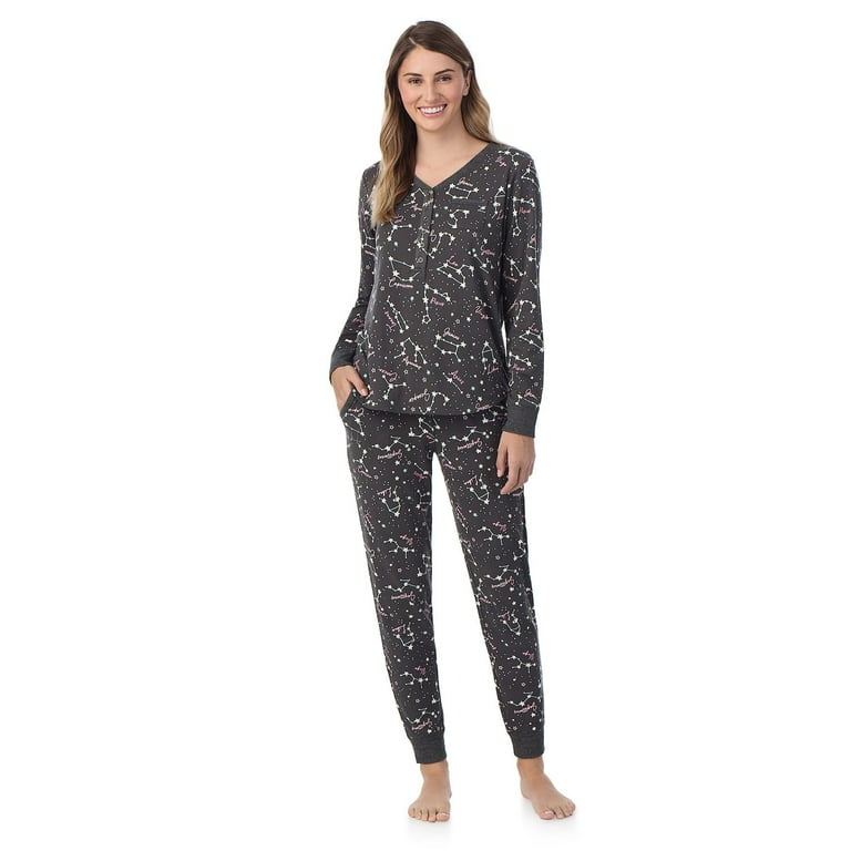 Women s Cuddl Duds Cozy Long Sleeve Henley Pajama Top Pajama Bottoms Set Color Charcoal Celestial Size SMALL