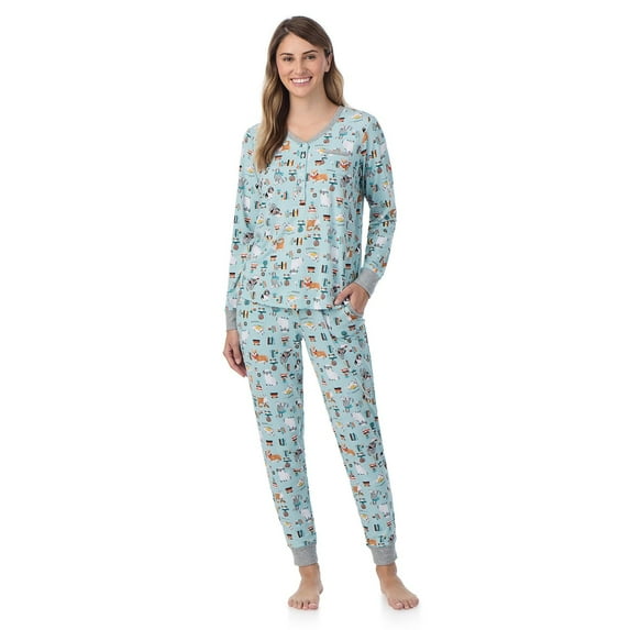 Women's Cuddl Duds® Cozy Long Sleeve Henley Pajama Top & Pajama Bottoms Set Color: Mint Dogs Size: MEDIUM