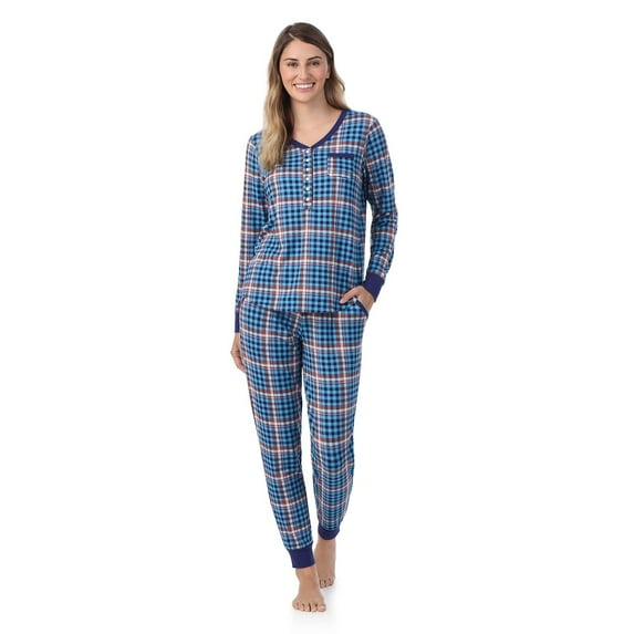 Women's Cuddl Duds® Cozy Long Sleeve Henley Pajama Top and Pajama Pants Set Color: Teal Plaid Size: S LONG