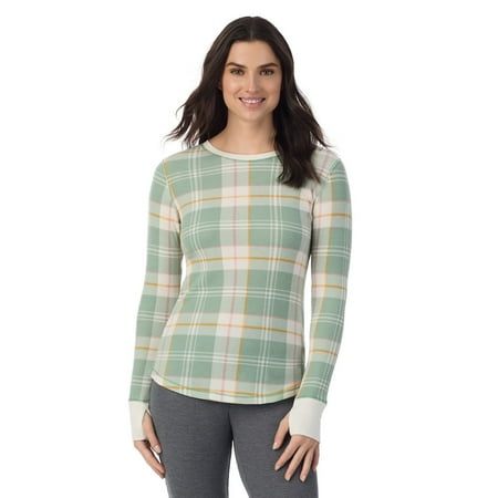 Women's Cuddl Duds® Cozy Stretch Thermal Long Sleeve Crew Top Color: Green Plaid Size: LARGE