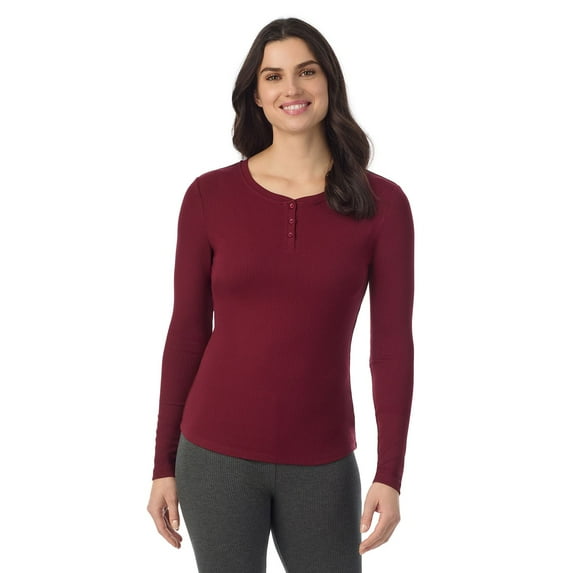 Women's Cuddl Duds® Stretch Rib Long Sleeve Crew Henley Top Color: Cabernet Size: X SMALL