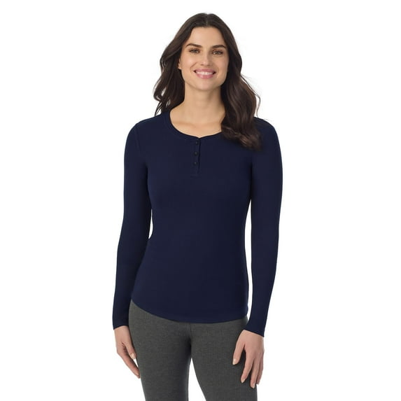 Women's Cuddl Duds® Stretch Rib Long Sleeve Crew Henley Top Color: Navy Blazer Size: X SMALL