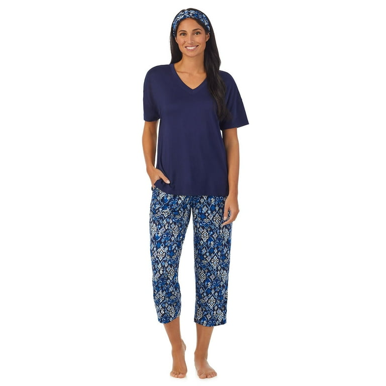 Women s Cuddl Duds Top Capri Bottoms Pajama Set with Headband Color Indigo Geo Size X SMALL Walmart